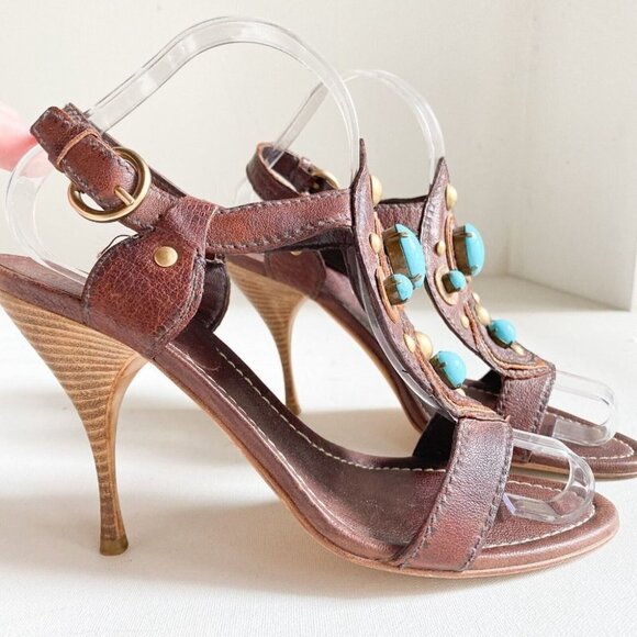 MIU MIU Brown Leather  Faux Turquoise High Heel Sandals 38.5 - Picture 4 of 8